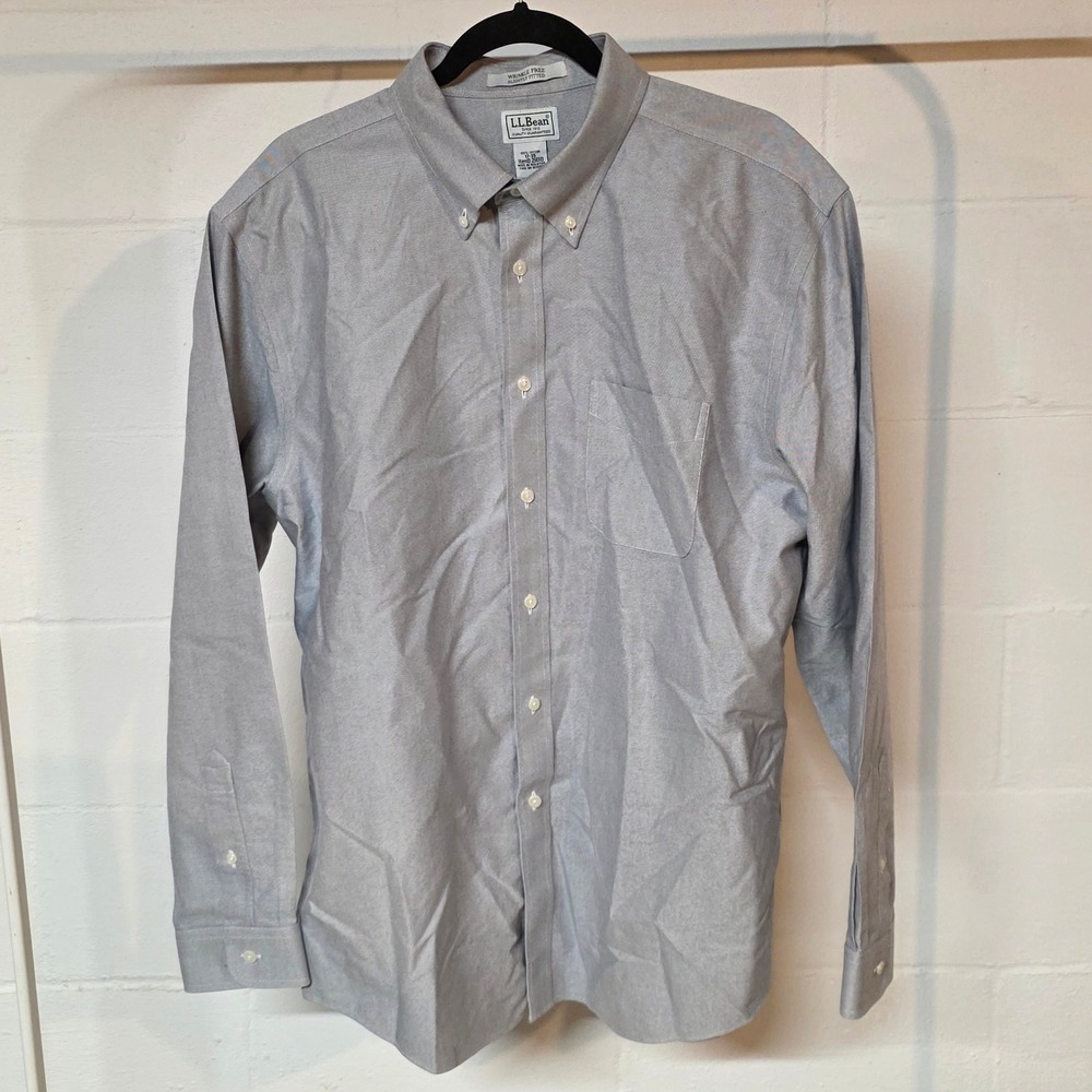 LL Bean Mens Blue Wrinkle‎ Free Slightly Fitted Oxford Shirt 17-35 256513 Crisp